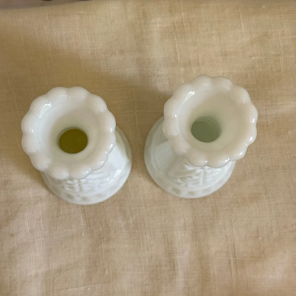 Vintage White Milk Glass Bud Vases Scalloped Rim Diamond Pattern Set of 2 MCM
